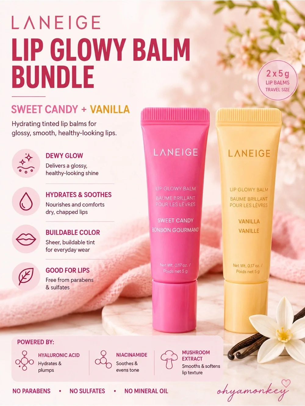 LANEIGE Lip Glowy Balm Travel Size Duo — Sweet Candy Pink & Vanilla 5g each